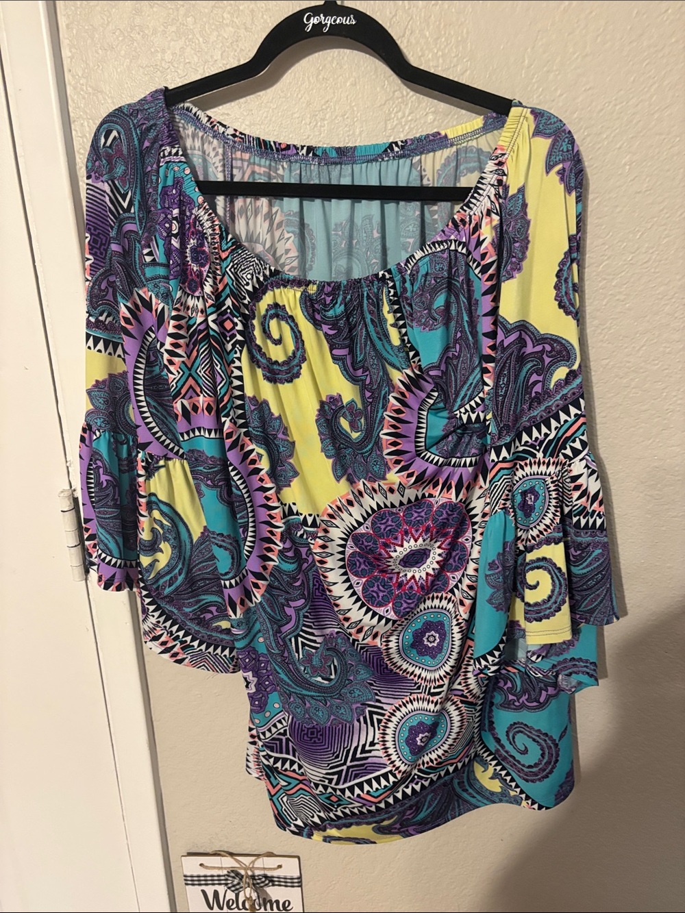 Boho Paisley Scoop Neck Top - Yellow Turquoise Purple